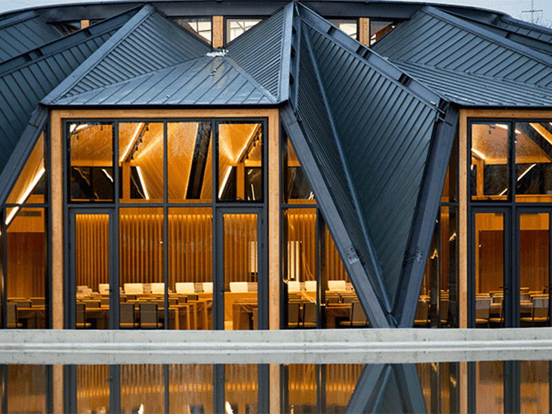 Конференц-центр с индивидуальным стальным каркасом и односкатной крышей.